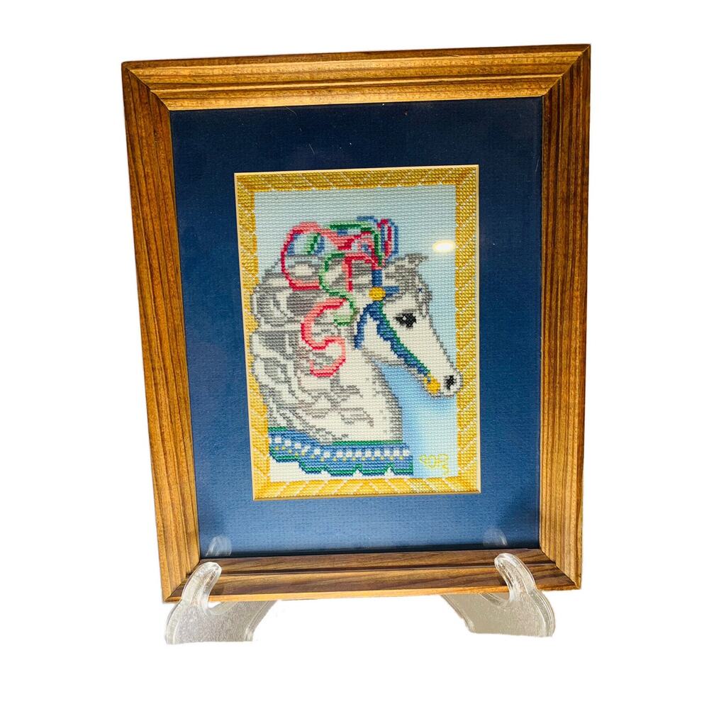 Horse Cross Stitch Completed Framed Carousel Head Plaque Decoration Blue Yellow